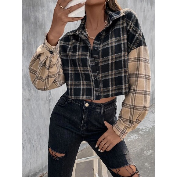 SHEIN Tops - SHEIN EZwear Plaid Drop Shoulder Colorblock Shirt Size S Multicolor Cropped B48